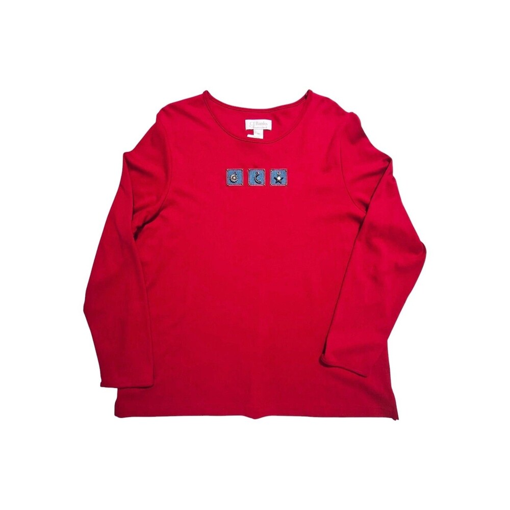 NEW Christopher & Banks T Shirt Celestial 1X Sun Moon Long Sleeve Red NWT Patch